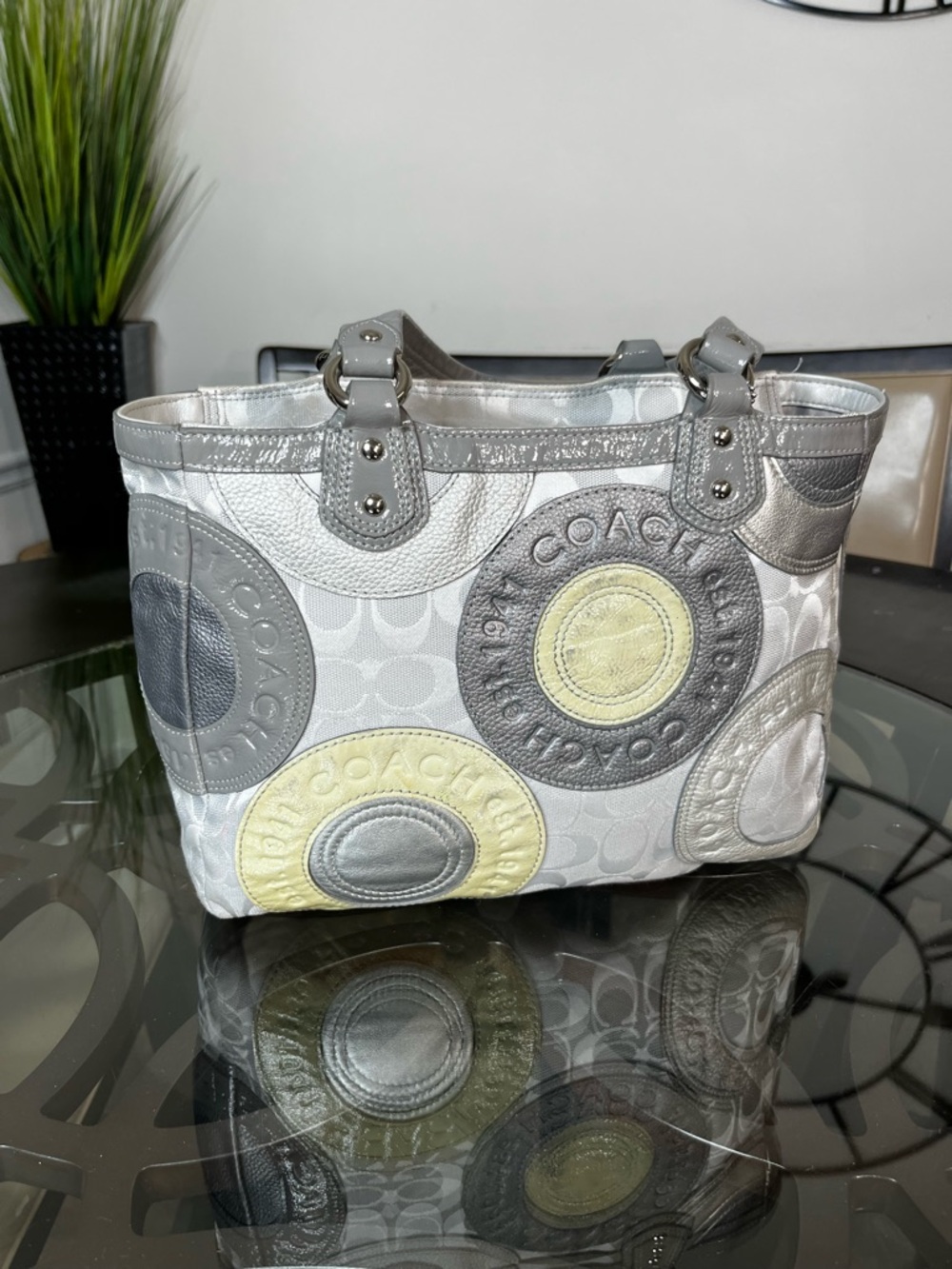 Coach Circle Patchwork East West Tote in a gray and cream color scheme - Picture 2 of 7